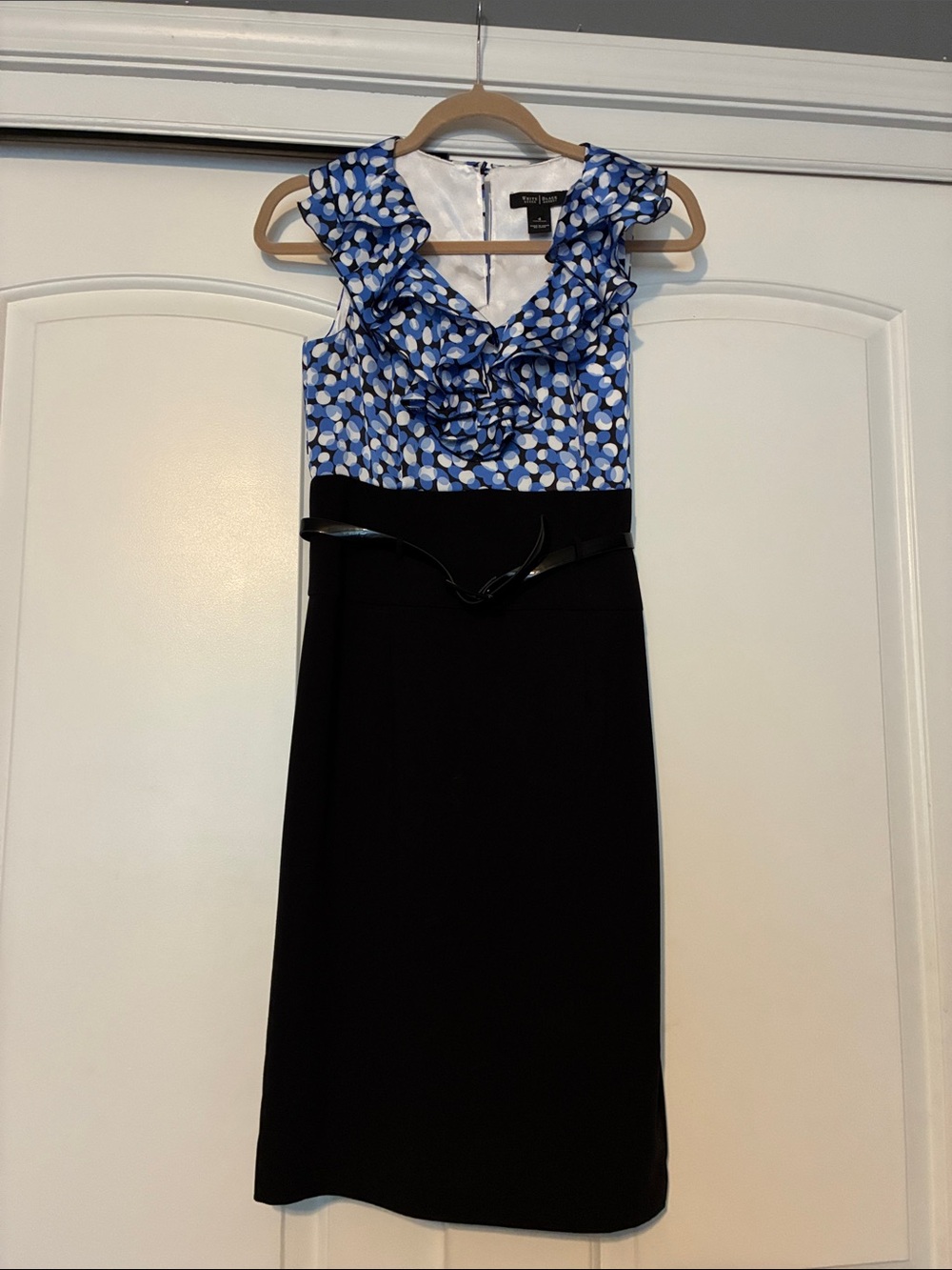 White House Black Market Blue & Black Polka Dot Ruffle Sheath Dress